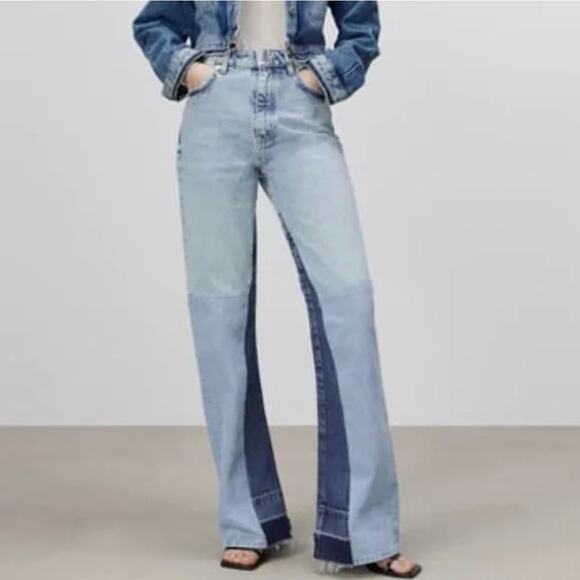 Zara Wide Leg Patchwork Collection Jeans Color Block Bell Bottom Jeans Size 6 - Picture 1 of 11